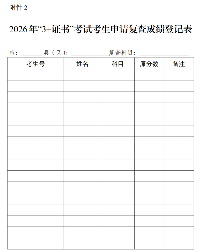 2026年“3+证书”考试考生申请复查成绩登记表